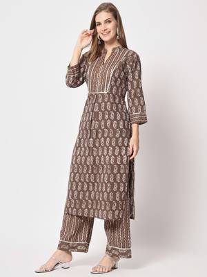 Brown printed cotton kurta set 2