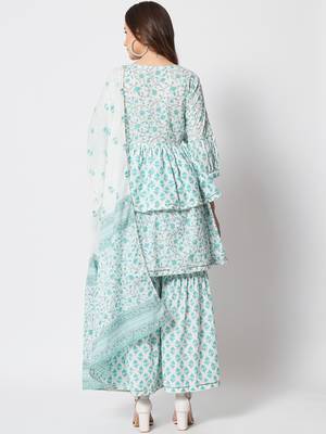 Turquoise cotton hand printed  kurta set 4