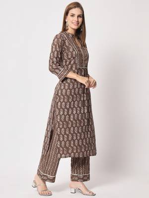 Brown printed cotton kurta set 3