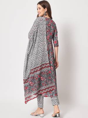 Grey cotton hand printed  kurta set 4