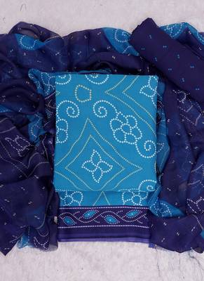 Sky blue crepe bandhani print unstitched suit with chiffon dupatta 1