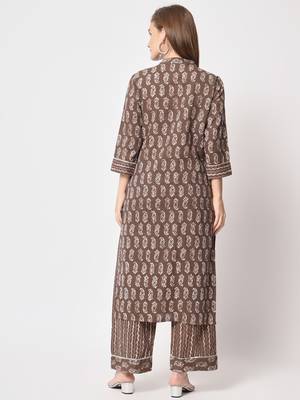 Brown printed cotton kurta set 4