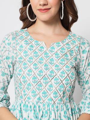 Turquoise cotton hand printed  kurta set 5
