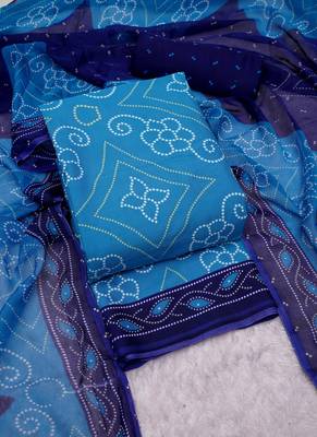 Sky blue crepe bandhani print unstitched suit with chiffon dupatta 3