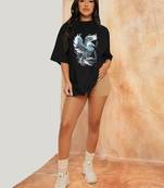 revexo half sleeve  cotton blend oversized tshirt for women, round neck longline drop shoulder, colorful printed t-shirt