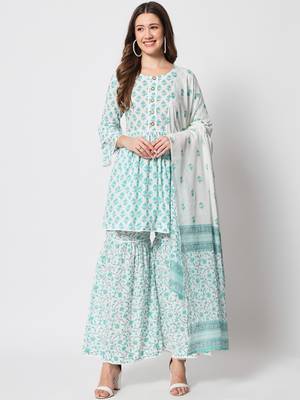 Turquoise hand printed cotton kurta set 1
