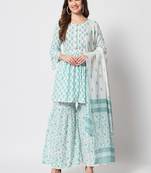 Turquoise hand printed cotton kurta set