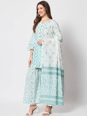Turquoise hand printed cotton kurta set 2