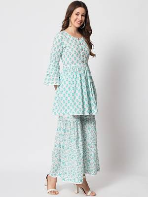 Turquoise hand printed cotton kurta set 3