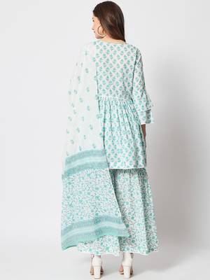 Turquoise hand printed cotton kurta set 4