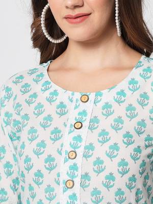 Turquoise hand printed cotton kurta set 5