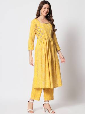 Yellow cotton hand printed  kurta set 3