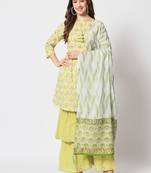 Green cotton printed kurta set