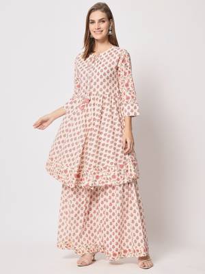 Pink cotton hand printed kurta set 1