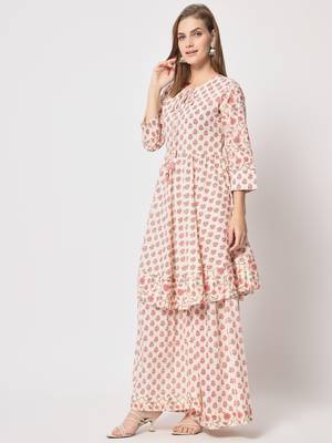 Pink cotton hand printed kurta set 2