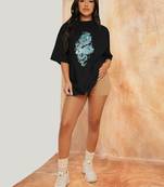 revexo half sleeve  cotton blend oversized tshirt for women, round neck longline drop shoulder, colorful printed t-shirt