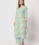 Turquoise cotton hand printed kurta set