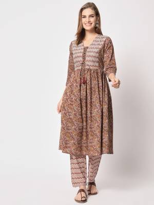 Brown cotton printed kurta set 1