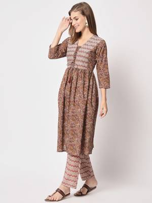 Brown cotton printed kurta set 2