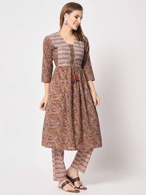 Brown cotton printed kurta set 3