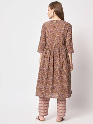 Brown cotton printed kurta set 4