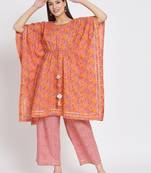 Pink cotton hand printed kurta set