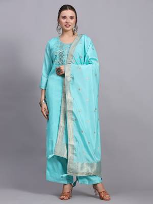 Turquoise cotton embroidery kurta set 1