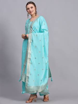 Turquoise cotton embroidery kurta set 2