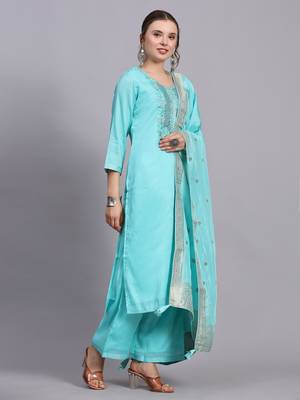 Turquoise cotton embroidery kurta set 3