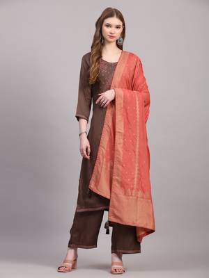 Brown cotton embroidery  kurta set 1