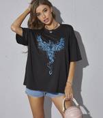 revexo  women's casual  black printed round neck, oversized longline drop shoulder boho style t-shirt