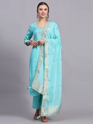 Turquoise cotton embroidery kurta set 1