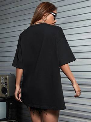 revexo  women's casual  black printed round neck, oversized longline drop shoulder boho style t-shirt 4