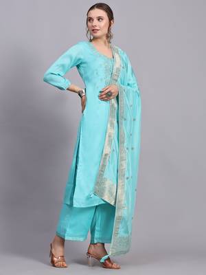 Turquoise cotton embroidery kurta set 3