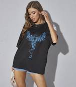 revexo  women's casual  black printed round neck, oversized longline drop shoulder boho style t-shirt