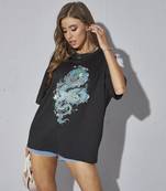 revexo  women's casual  black printed round neck, oversized longline drop shoulder boho style t-shirt