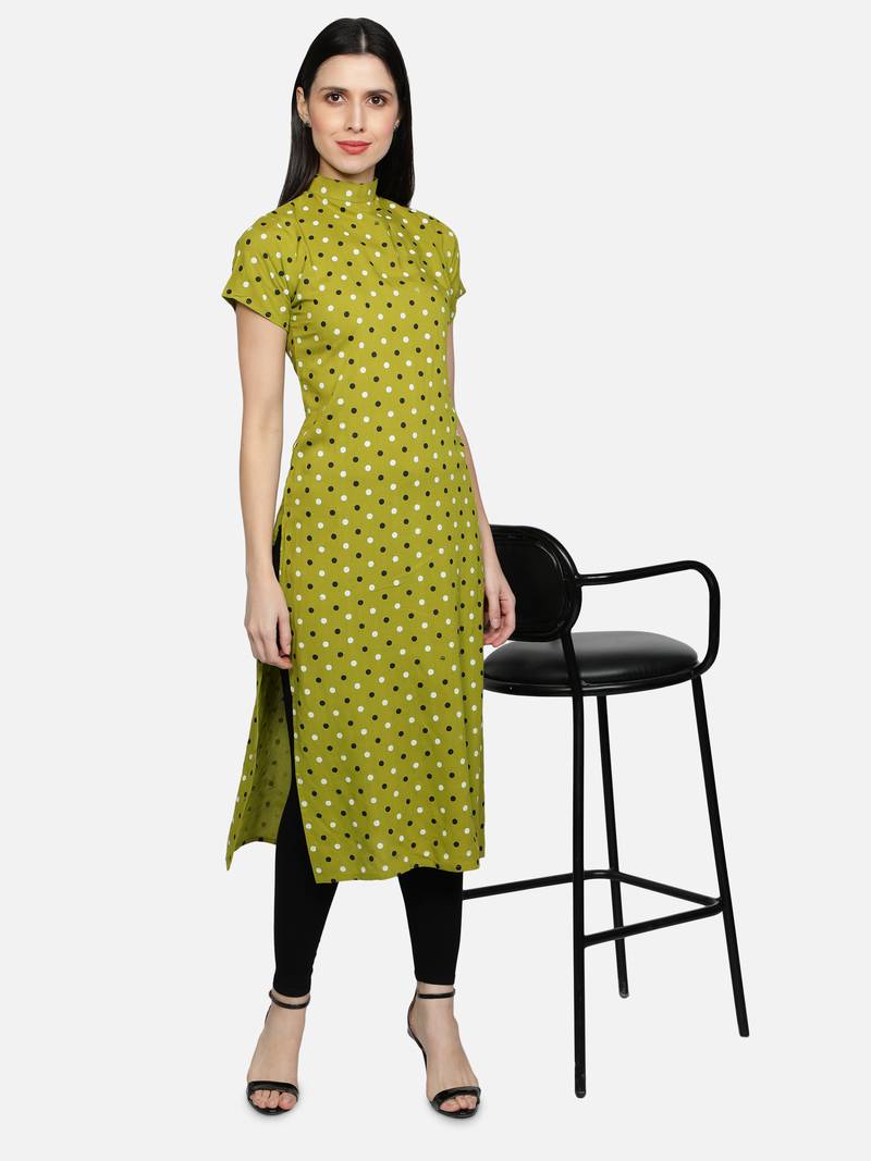 Rayon Polka Dots Printed Straight Women Kurti (Lime Green)