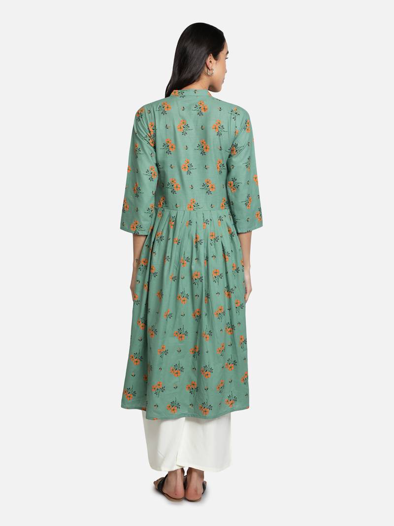 Cotton Floral Printed Flared & Front Slit Women Kurti (Sea Green)