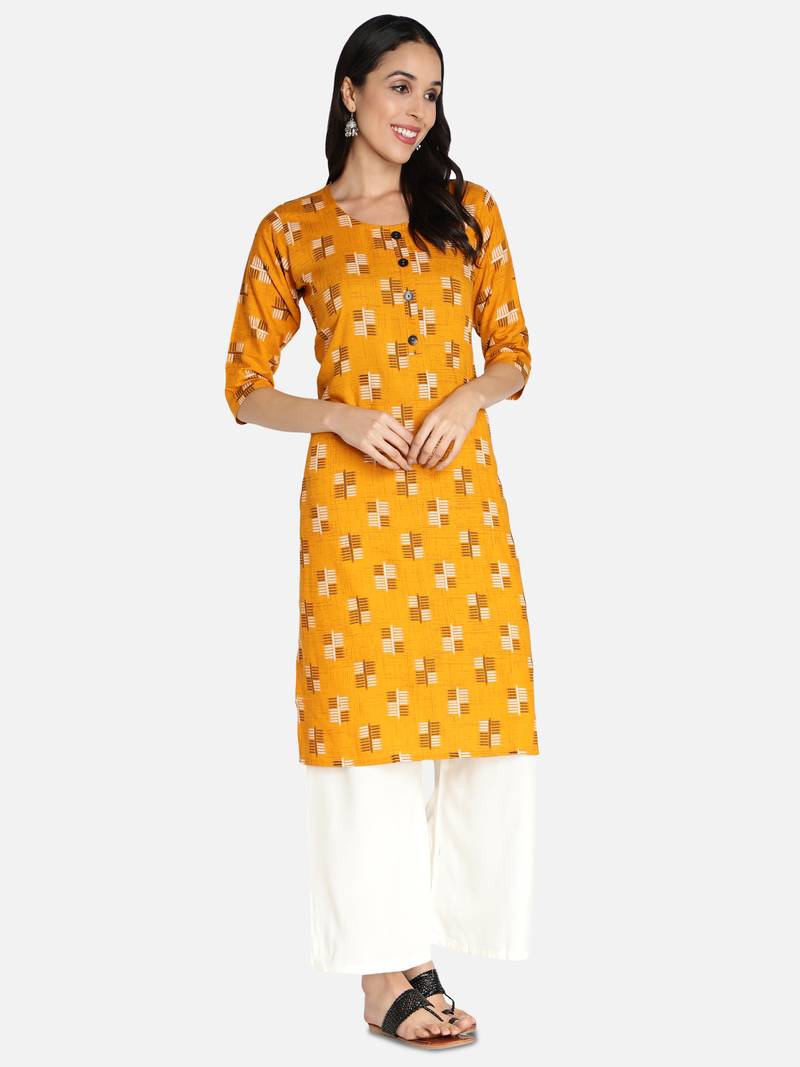 Women Rayon Printed Stright Kurti (Mustard Yellow)