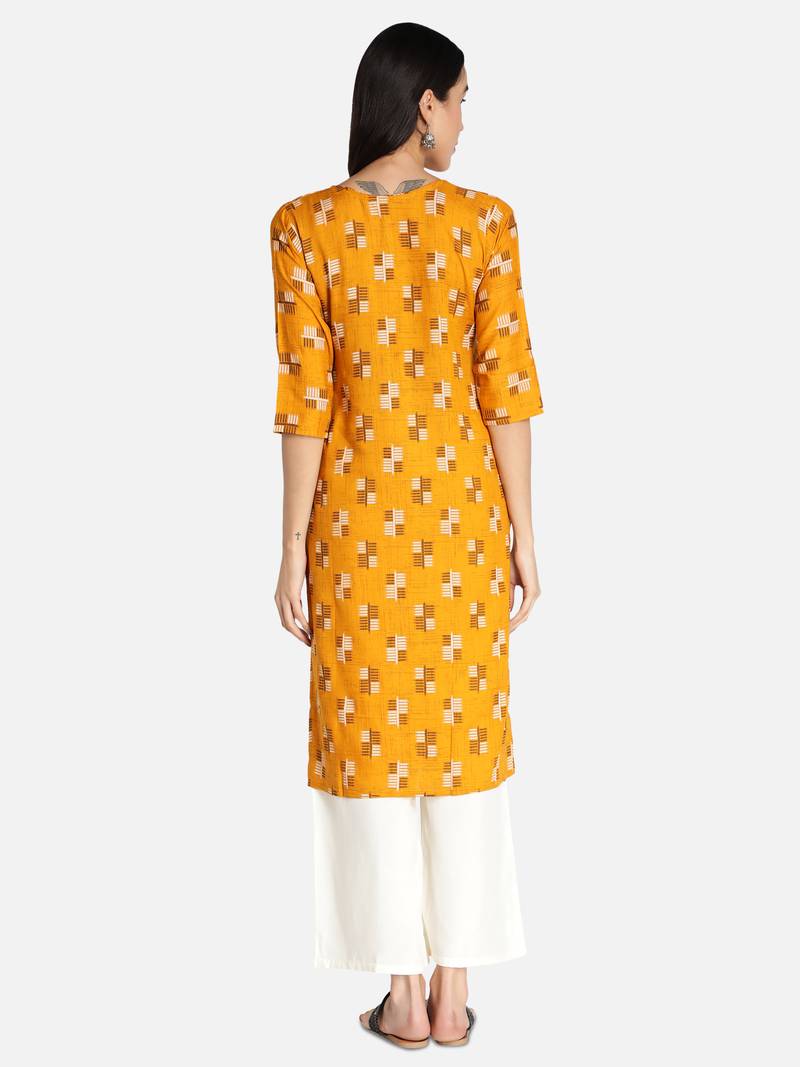 Women Rayon Printed Stright Kurti (Mustard Yellow)