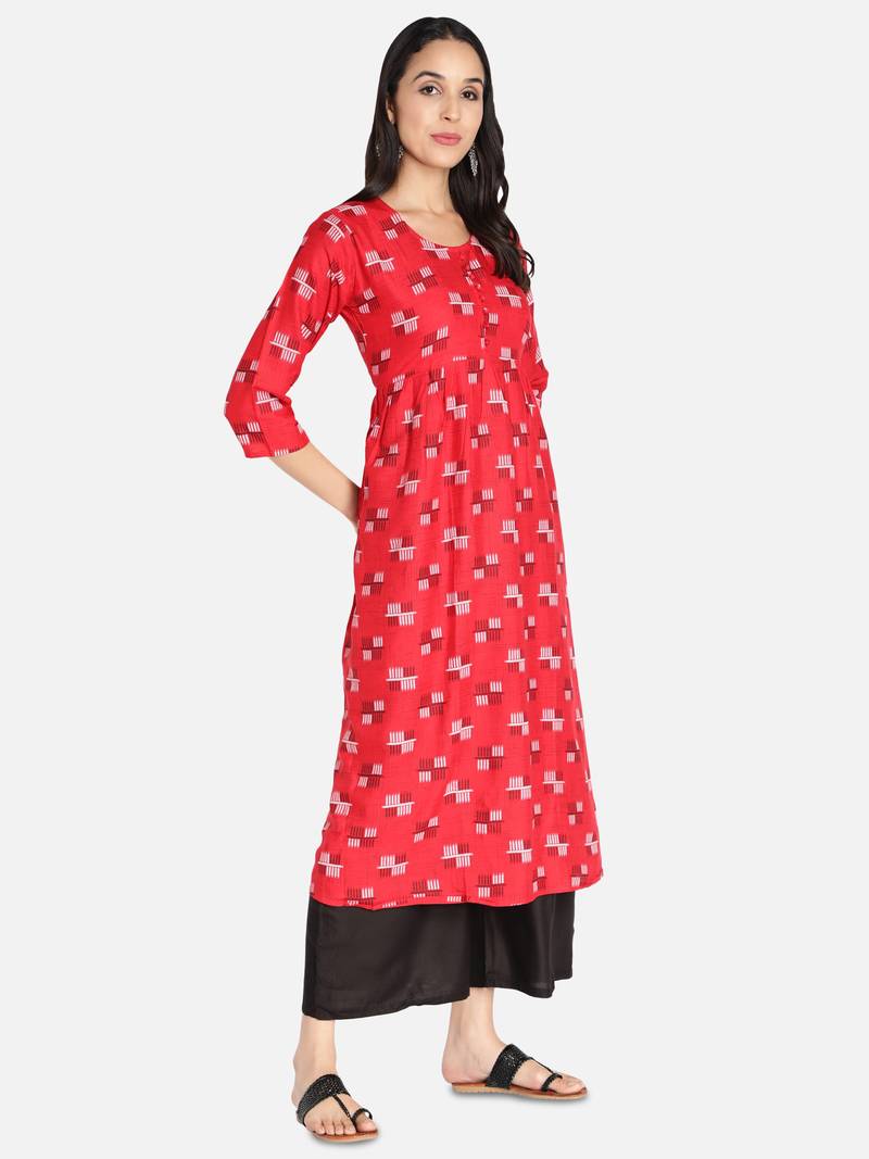 Women Rayon Printed Flared Kurti (Red)