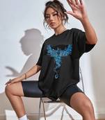 revexo  women's casual  black printed round neck, oversized longline drop shoulder boho style t-shirt