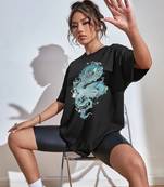 revexo  women's casual  black printed round neck, oversized longline drop shoulder boho style t-shirt