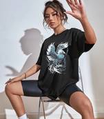 revexo  women's casual  black printed round neck, oversized longline drop shoulder boho style t-shirt