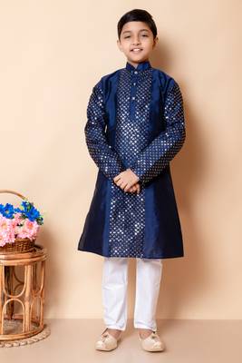 embroidery and sequins work dupion silk kurta and cotton pajama set for boys 1