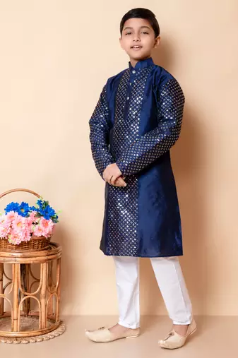 embroidery and sequins work dupion silk kurta and cotton pajama set for boys