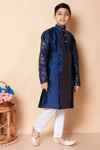 embroidery and sequins work dupion silk kurta and cotton pajama set for boys