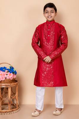 embroidery and sequins work dupion silk kurta and cotton pajama set for boys 1