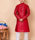 embroidery and sequins work dupion silk kurta and cotton pajama set for boys