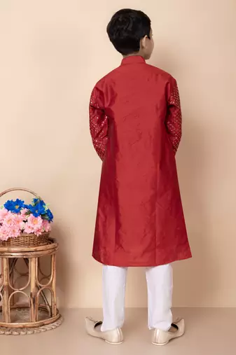 embroidery and sequins work dupion silk kurta and cotton pajama set for boys